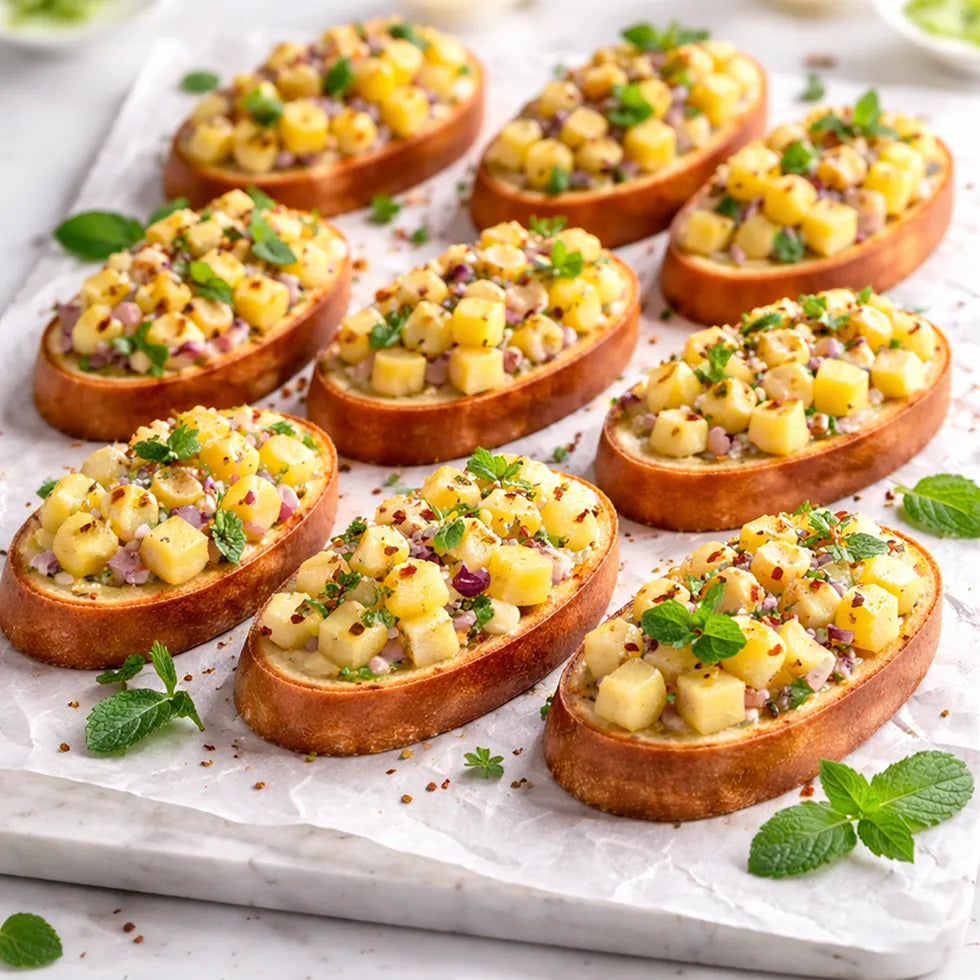 Bruschetta mit Ananas, rote Zwiebel und Minze, gemischt mit Limettensaft. 20 Portionen