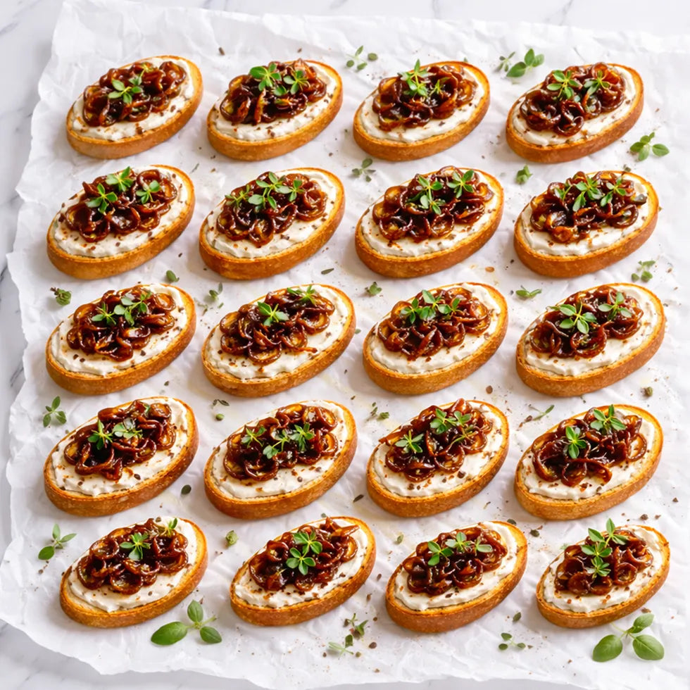 Bruschetta mit Süße karamellisierte Zwiebeln, dazu cremiger Ziegenkäse und frischen Kräutern. 20 Portionen