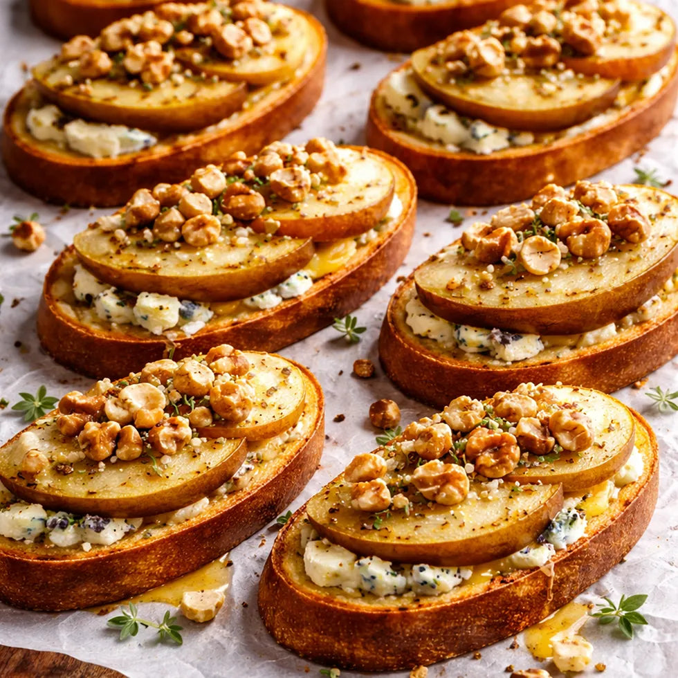 Bruschetta mit Pfirsich, zerbröseltem Käse, Walnüsse und Honig. 20 Portionen