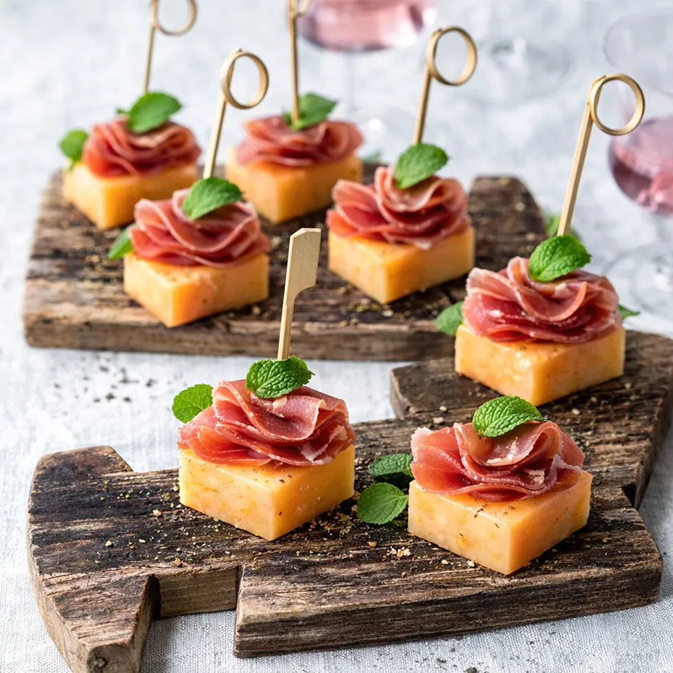 Spieß - Spanischer-Gourmet- Spieß  Manchego Käse, Ruccola  mit Serrano 20 Portionen