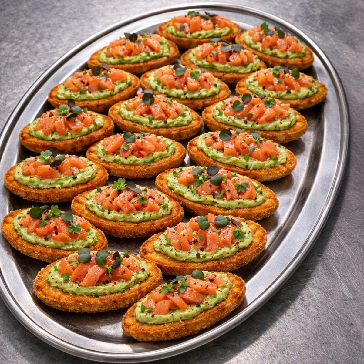 Kartoffelrösti - mit geräuchertem Lachs und Frischkäse befühltes Kartoffelschiffchen 20 Portionen