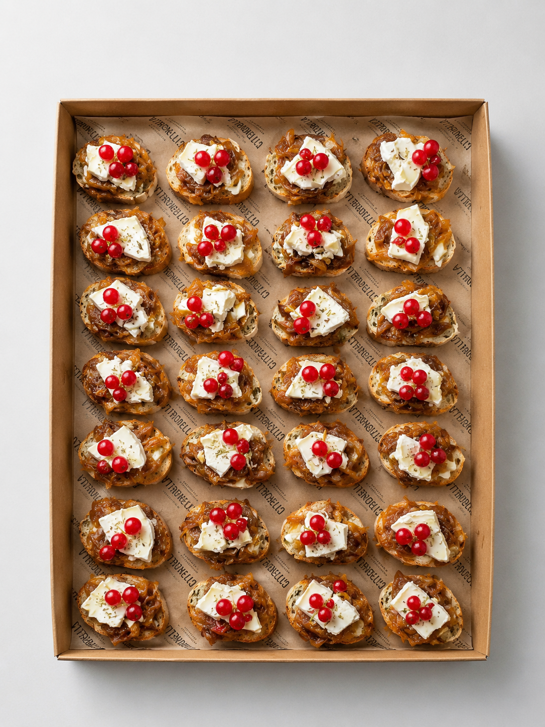 Bruschetta mit cremiger Brie mit Preiselbeersoße und gerösteten Haselnüssen. 20 Portionen