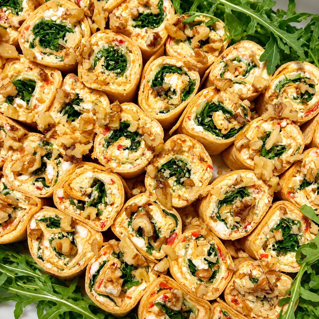 Wrap bites - 8 Stück mit Paprika-Feta-Creme, Gurke, Walnüsse, Salat und Honig