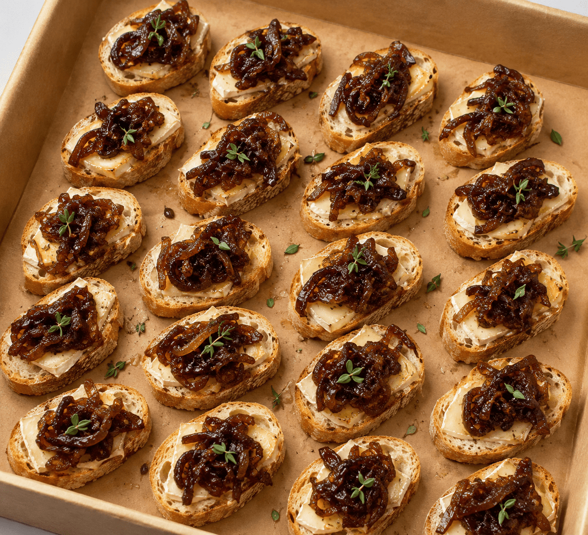 Bruschetta mit karamellisierten Zwiebeln, dazu Ziegenkäse und frischen Kräutern. 20 Portionen - Citronella Catering