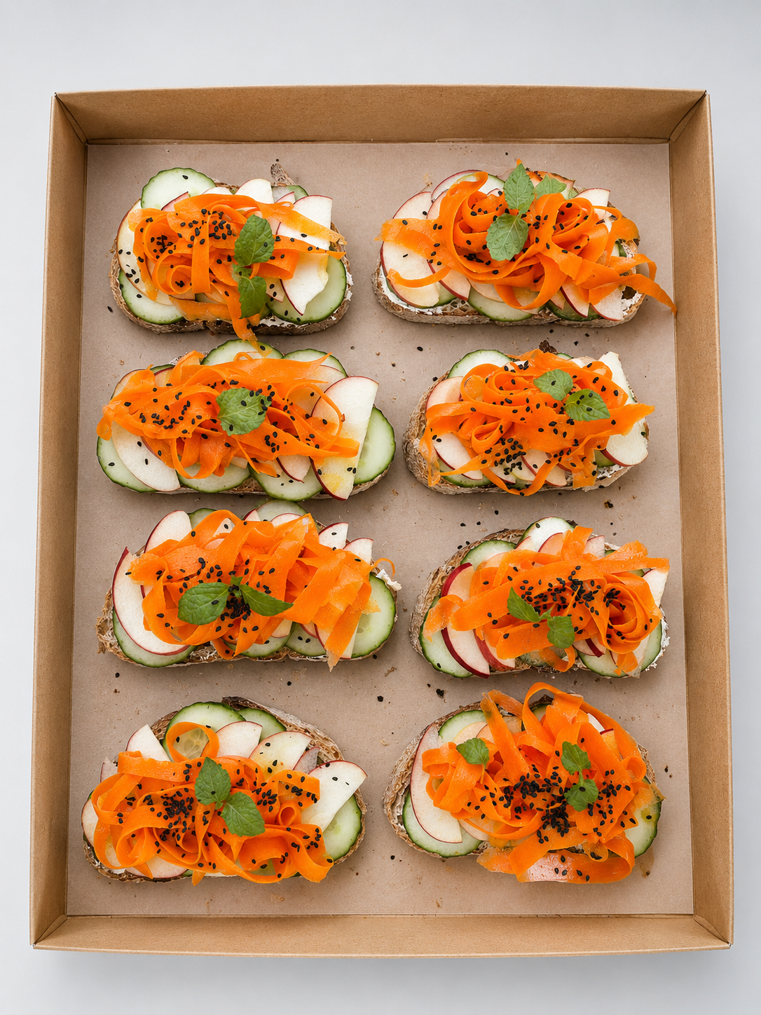 Bruschetta mit Karotte, Gurke, Apfel, Maracuja Dressing. 20 Portionen