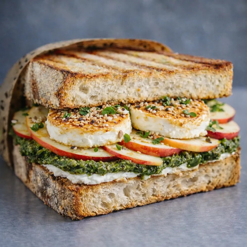 Sandwich mit Basilikum-Pesto, gebackenem Ziegenkäse, Apfel und geröstetem Sesam. - Citronella Catering